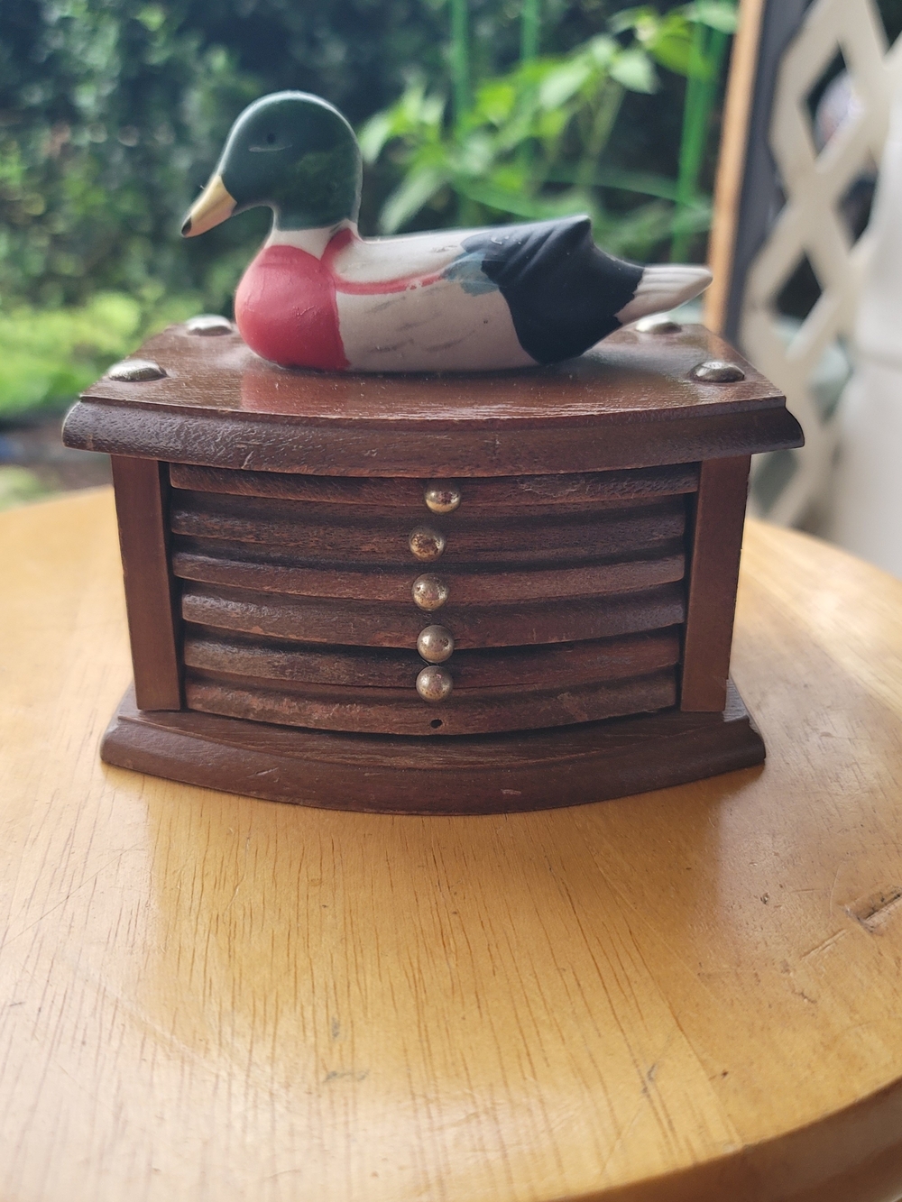 Vintage Albert E. Prince  Wooden 6 Coaster Box with Porcelain Duck Accent.